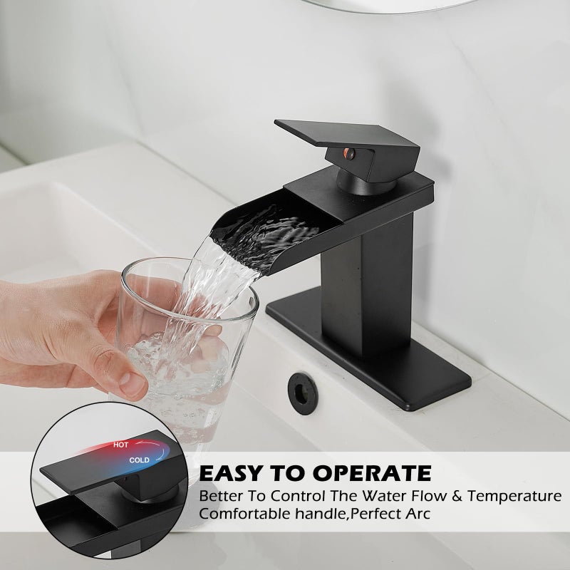 BWE Black Bathroom Faucet Waterfall Single Handle Bathroom Faucet One Hole Bathroom Sink Faucet with Supply Line Lavatory Vanity Mixer Tap Deck Mounted Matte Black - Image 3
